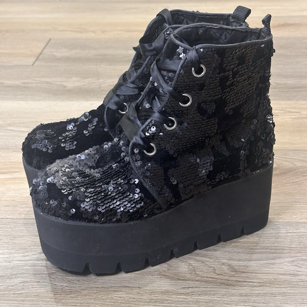 T.U.K. Black Sequin Camo Tractor Platform Boots Women’s 10 Grunge Whimsygoth